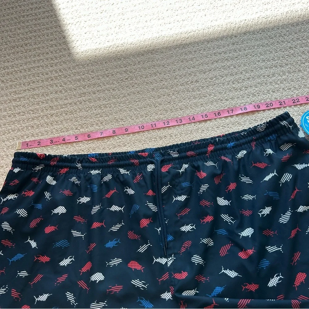 Columbia Navy Blue Red White Fish Print Swim Trunks
